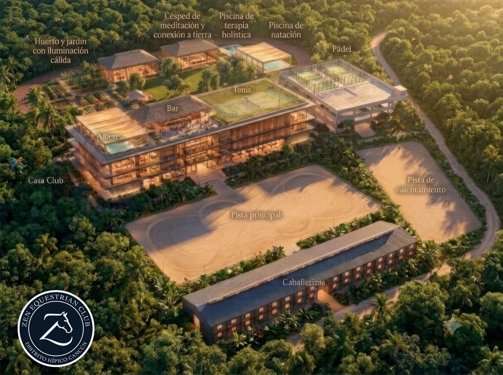 Plan maestro aéreo de Zen Equestrian Club: casa club, pista principal, caballerizas y amenidades en el Distrito Hípico de Cancún