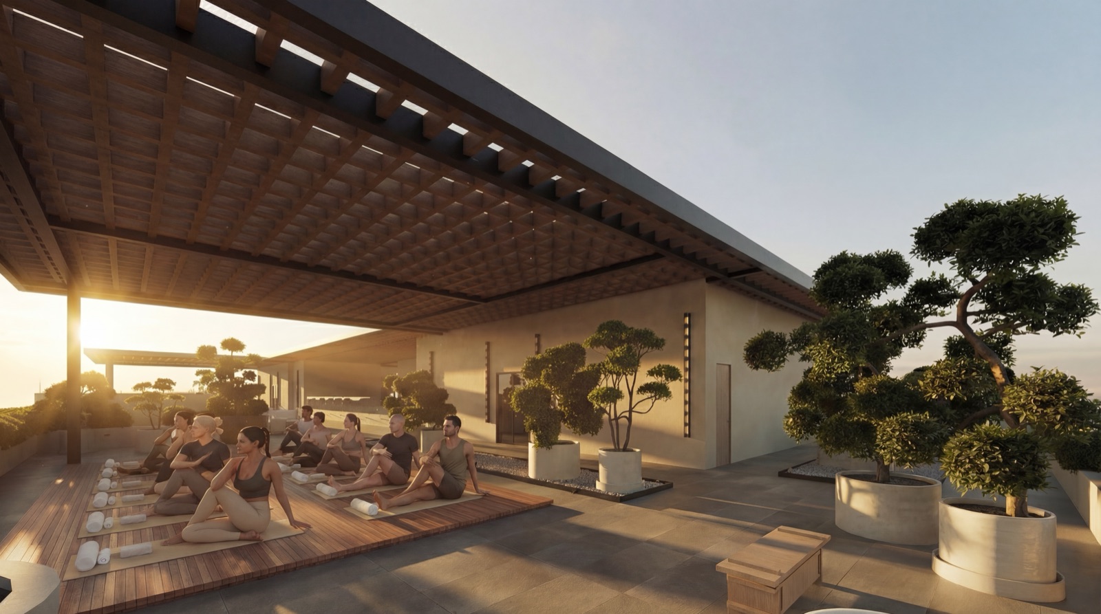 Sesión de yoga al atardecer en una terraza con pérgola de madera, luz cálida