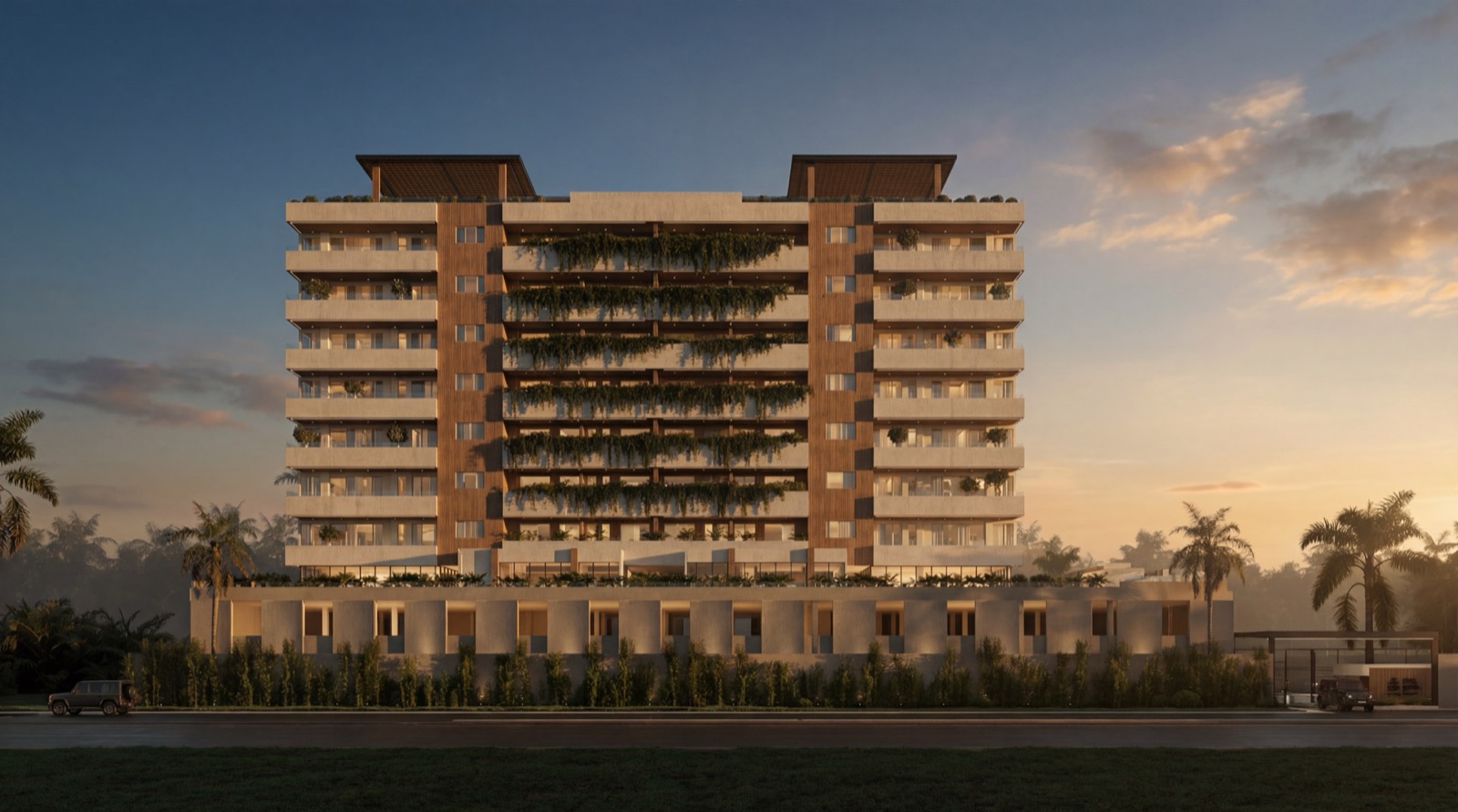 Zen Park Residences al atardecer, con vegetación en las terrazas