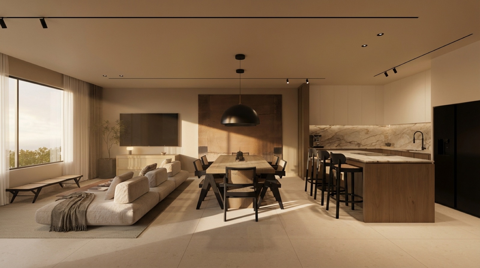 Interior de una residencia, sala y cocina con luz cálida