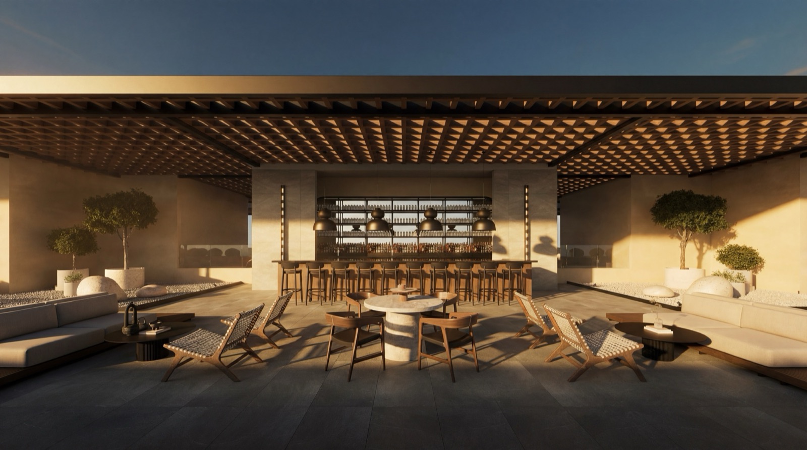 Sky Park y bar en la azotea bajo una pérgola de madera
